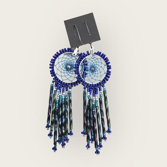 Indian Hand Made NWT Blue Sterling Silver Earrings Dreamcatcher Beaded - Picture 3 of 5